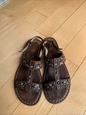 Frye Brown Studded Leather T-Strap Sandals